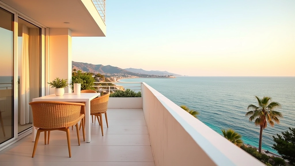 Balcón de apartamento con vista despejada al Mediterráneo, barandilla moderna, iluminación dorada del atardecer