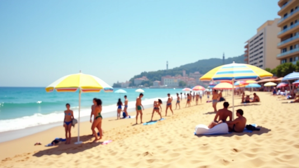 Playa de la Barceloneta con sombrillas coloridas, arena y agua cristalina del Mediterráneo