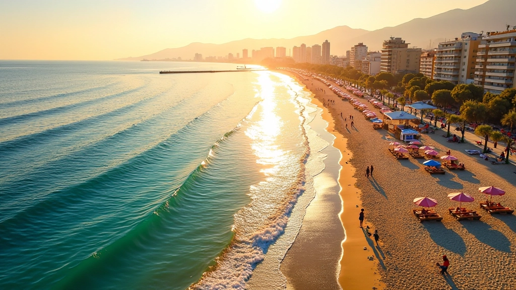 Playa de la Barceloneta con arena dorada, sombrillas y mar Mediterráneo cristalino al atardecer