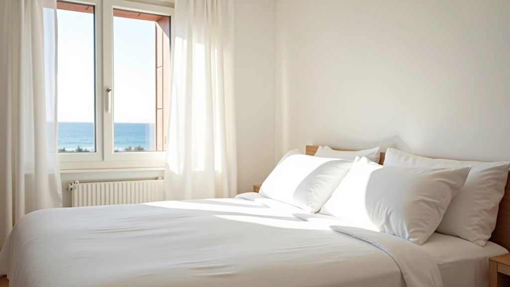 Dormitorio luminoso con cama doble, sábanas limpias de lino blanco, almohadas mullidas, ventanas abiertas con luz natural