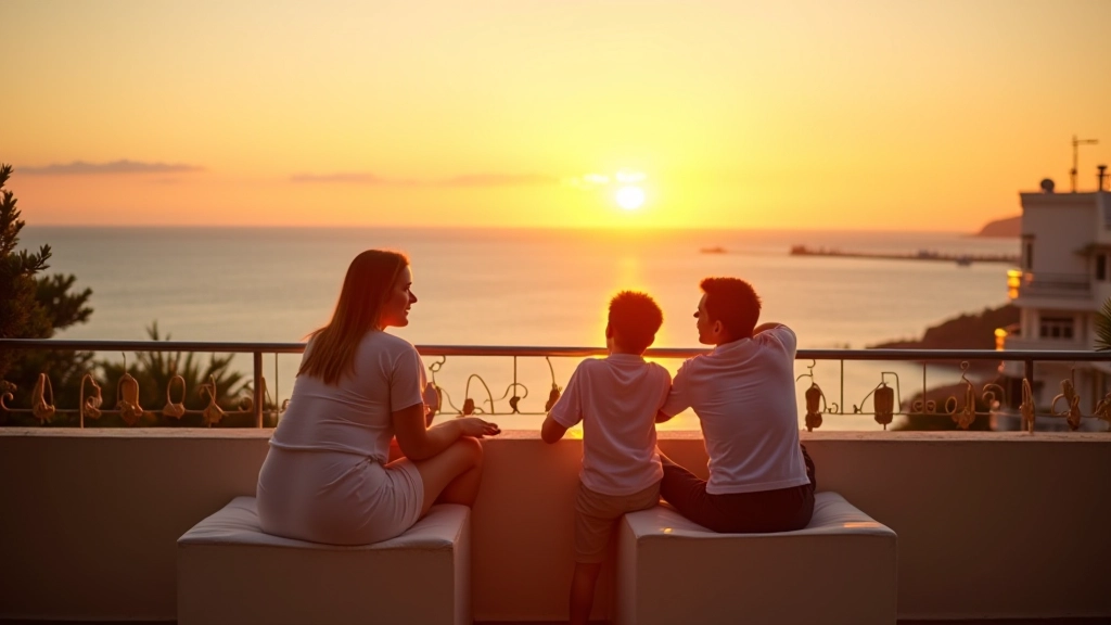 Familia disfrutando en terraza de apartamento con vista al mar, atardecer en la costa