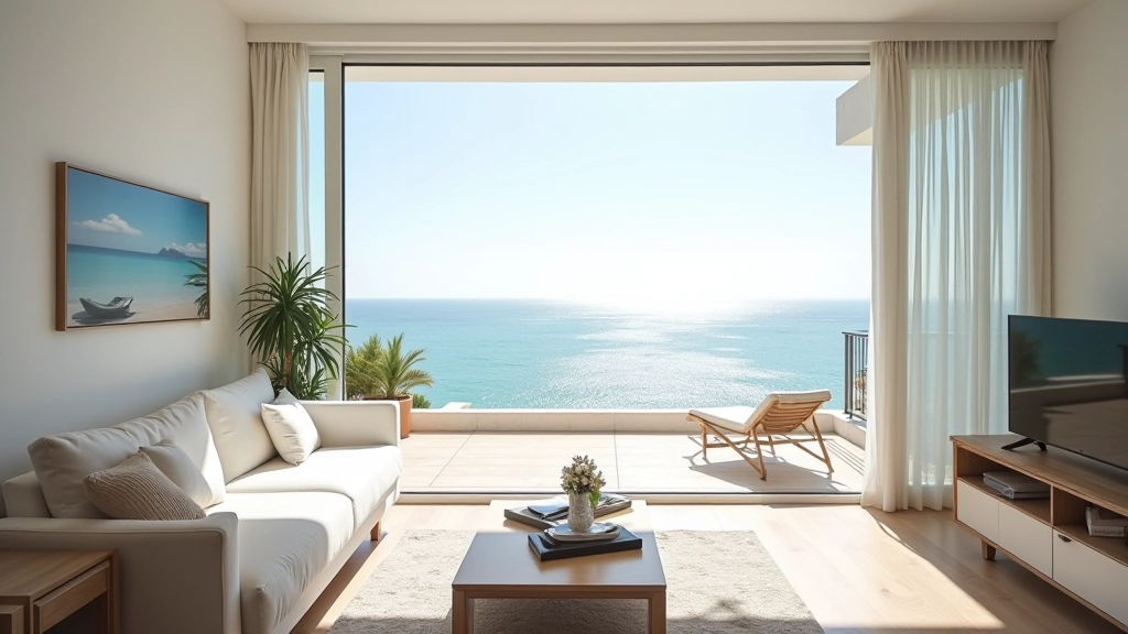 Apartamento moderno con vista al mar, balcón con muebles de exterior y horizonte de playa al fondo