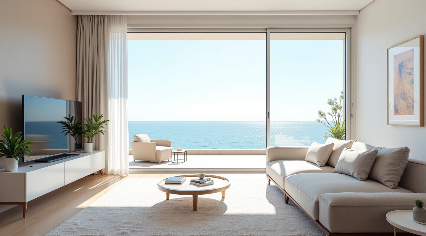 Apartamento moderno con vistas al mar Mediterráneo, luz natural desde ventanas grandes