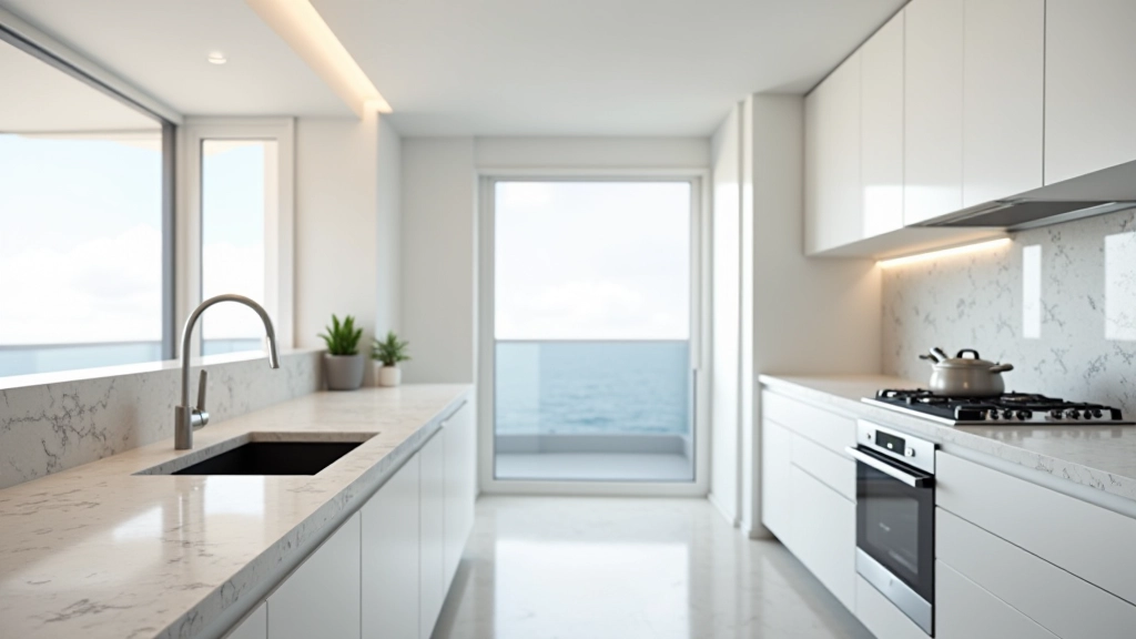 Interior de cocina moderna en apartamento, electrodomésticos de acero inoxidable, encimera limpia, iluminación blanca brillante