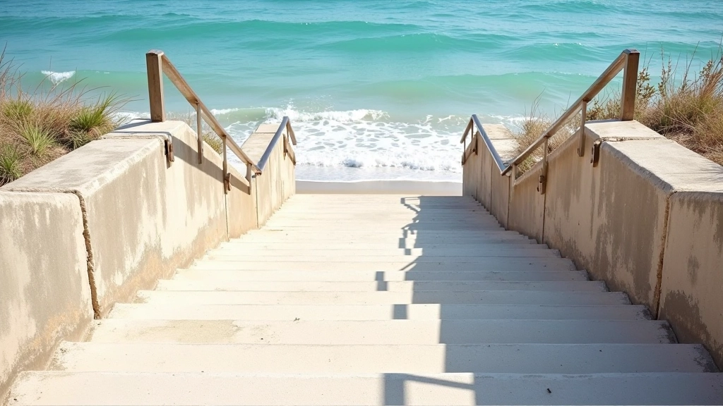 Escaleras exteriores de acceso a playa, peldaños de hormigón bien mantenidos, barandillas de seguridad, luz natural natural