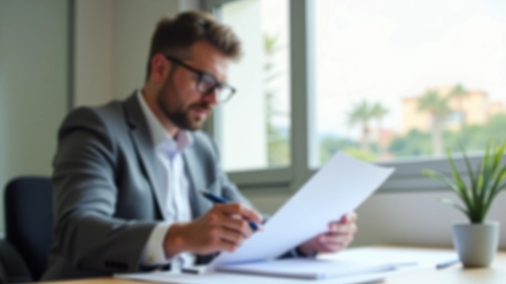 Persona revisando documento de contrato con gafas, escritorio con papeles y bolígrafo
