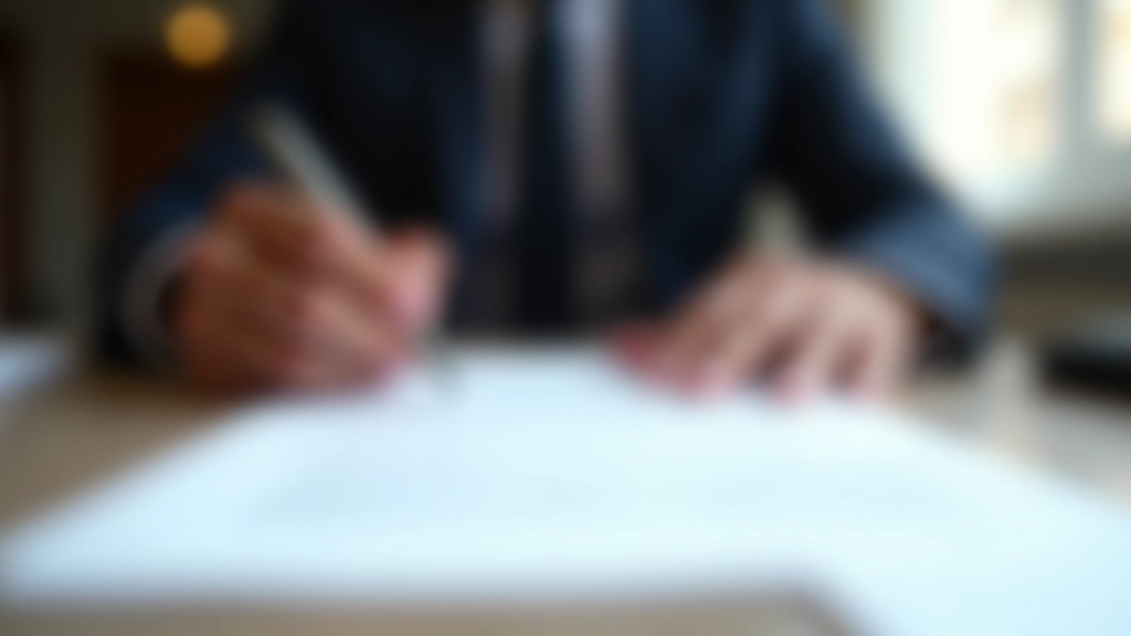 Firma de contrato legal con bolígrafo, documentos formales en mesa de abogado