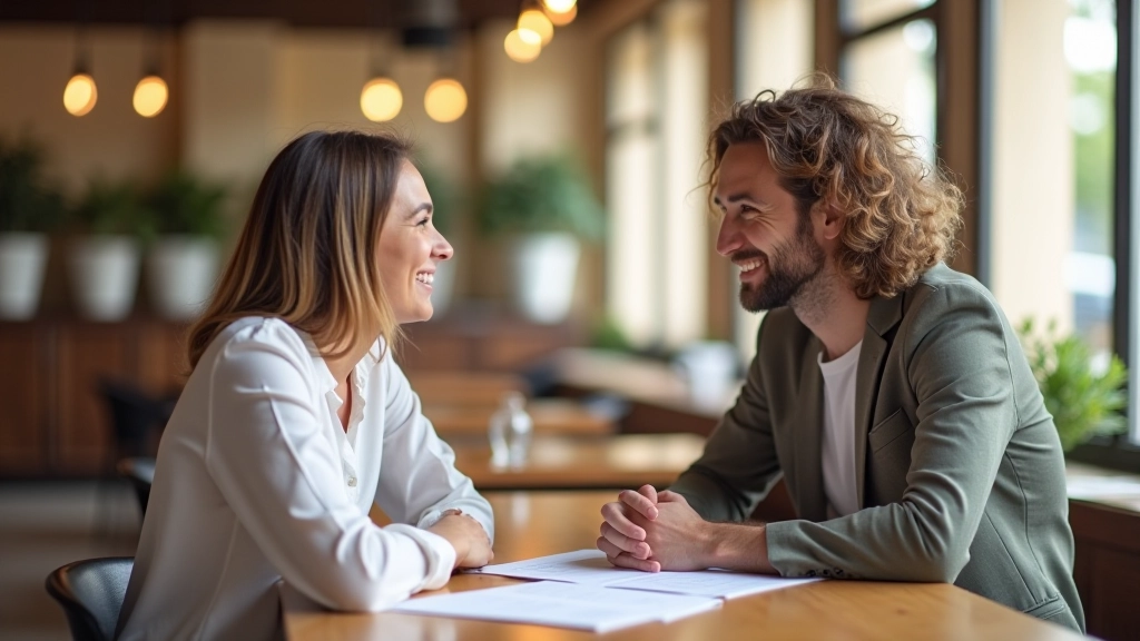 Dos personas en conversación amigable en café moderno con documentos sobre mesa de madera